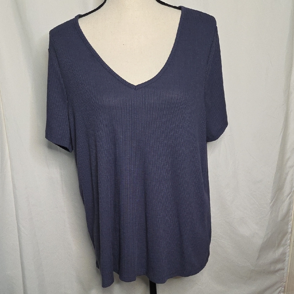 Old Navy Luxe Women‎ L Navy Blue Soft Ribbed V-Neck Short Sleeve Shirt Top
